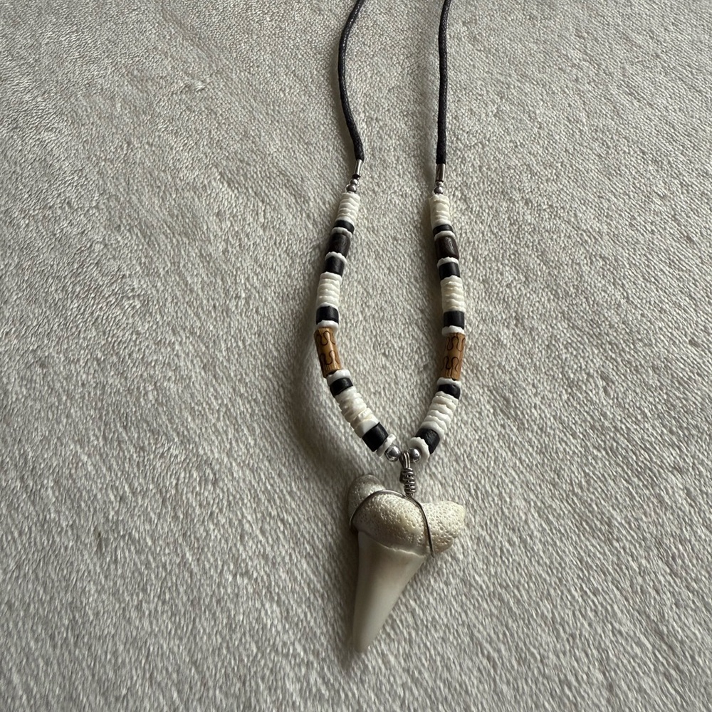 Silver and Black Beaded Necklace with Large Tooth Pendant